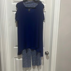 CLARA SUNWOO Blue Top and Striped Pants Set